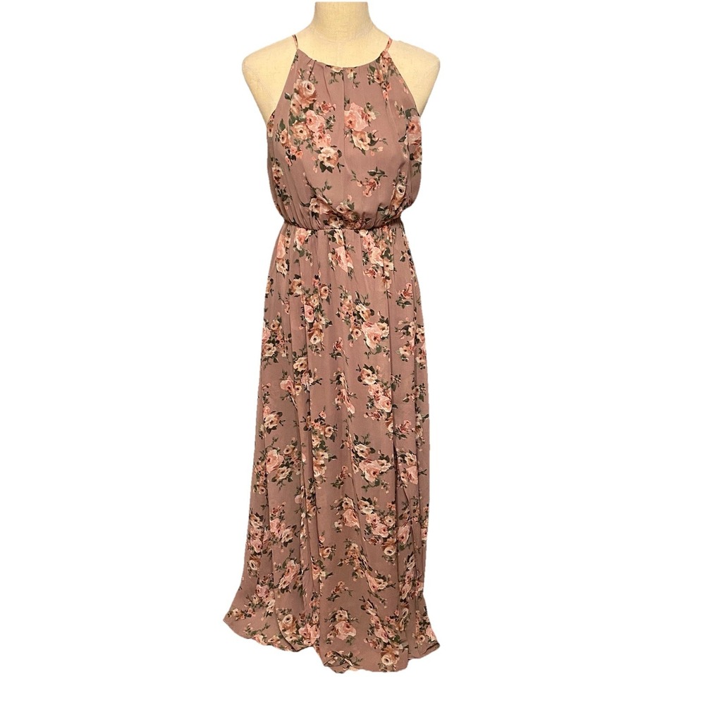 Women's Windsor Floral Pink Roses Maxi Halter Dress Slits Backless Size S